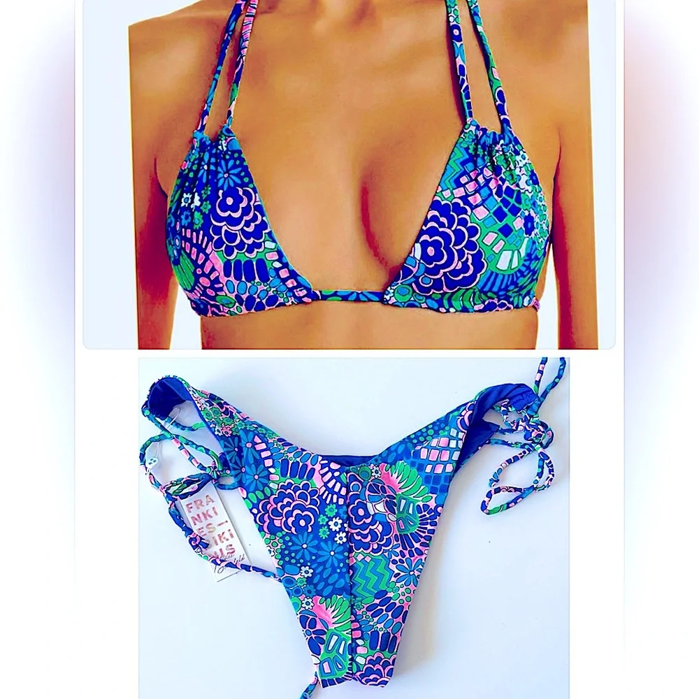 NWT Frankie’s bikini good vibes in electric blue green pink string high rise L/M